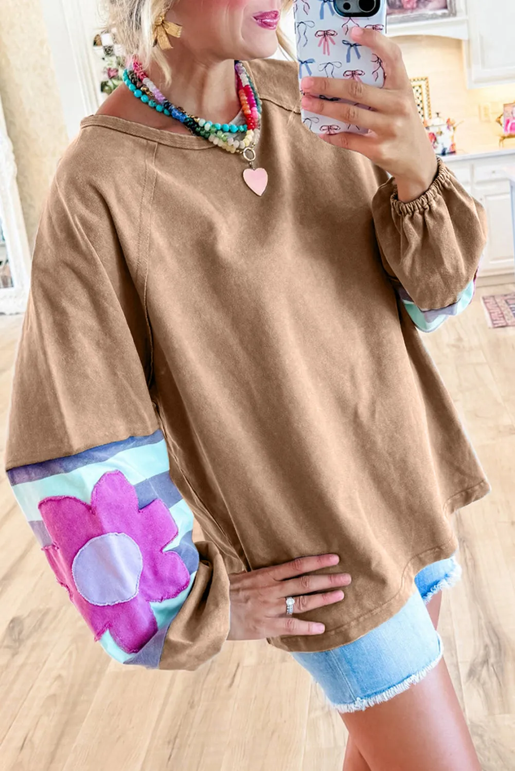 Flower Patchwork Raglan Sleeve Exposed Seam Oversized Top