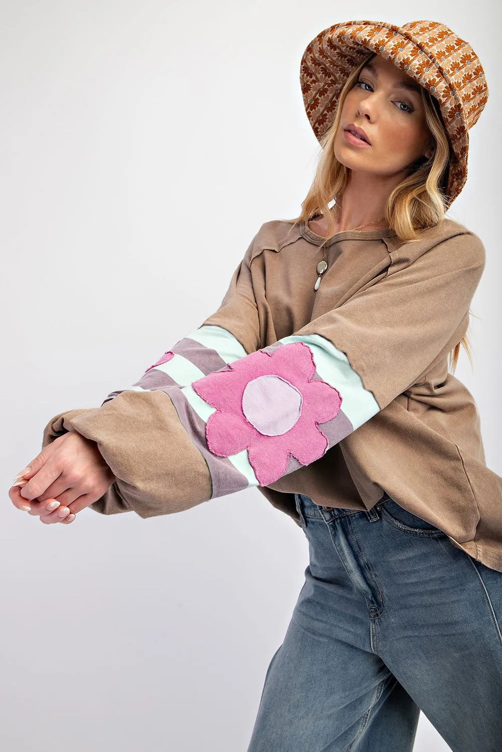 Flower Patchwork Raglan Sleeve Exposed Seam Oversized Top