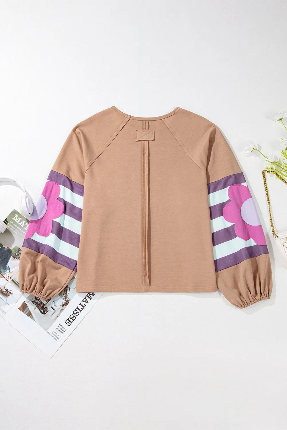 Flower Patchwork Raglan Sleeve Exposed Seam Oversized Top