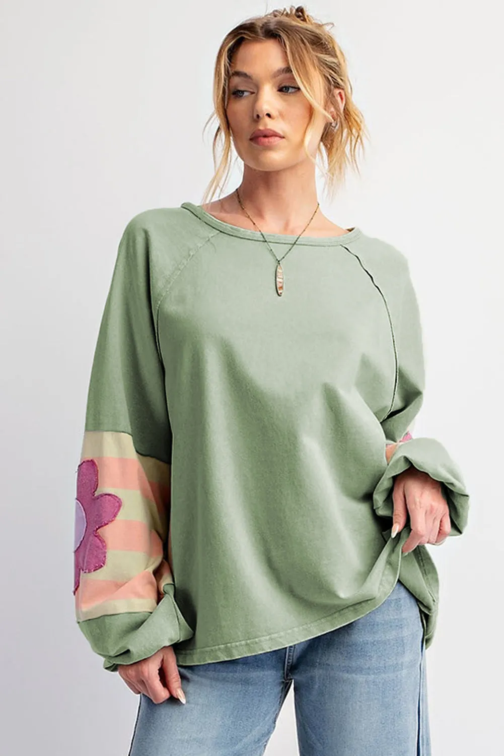 Flower Patchwork Raglan Sleeve Exposed Seam Oversized Top