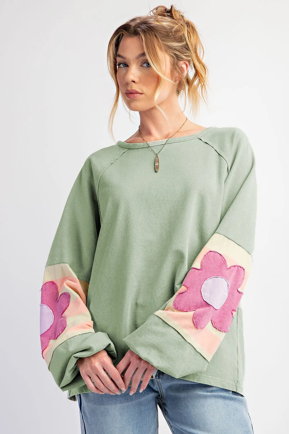 Flower Patchwork Raglan Sleeve Exposed Seam Oversized Top