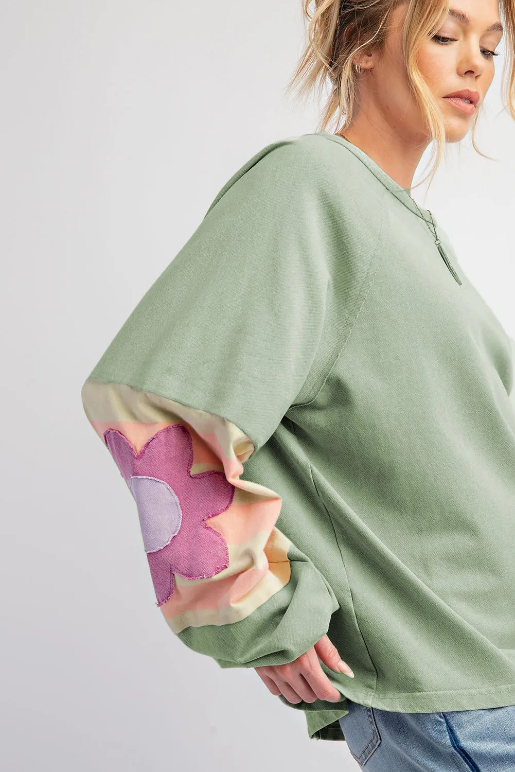 Flower Patchwork Raglan Sleeve Exposed Seam Oversized Top