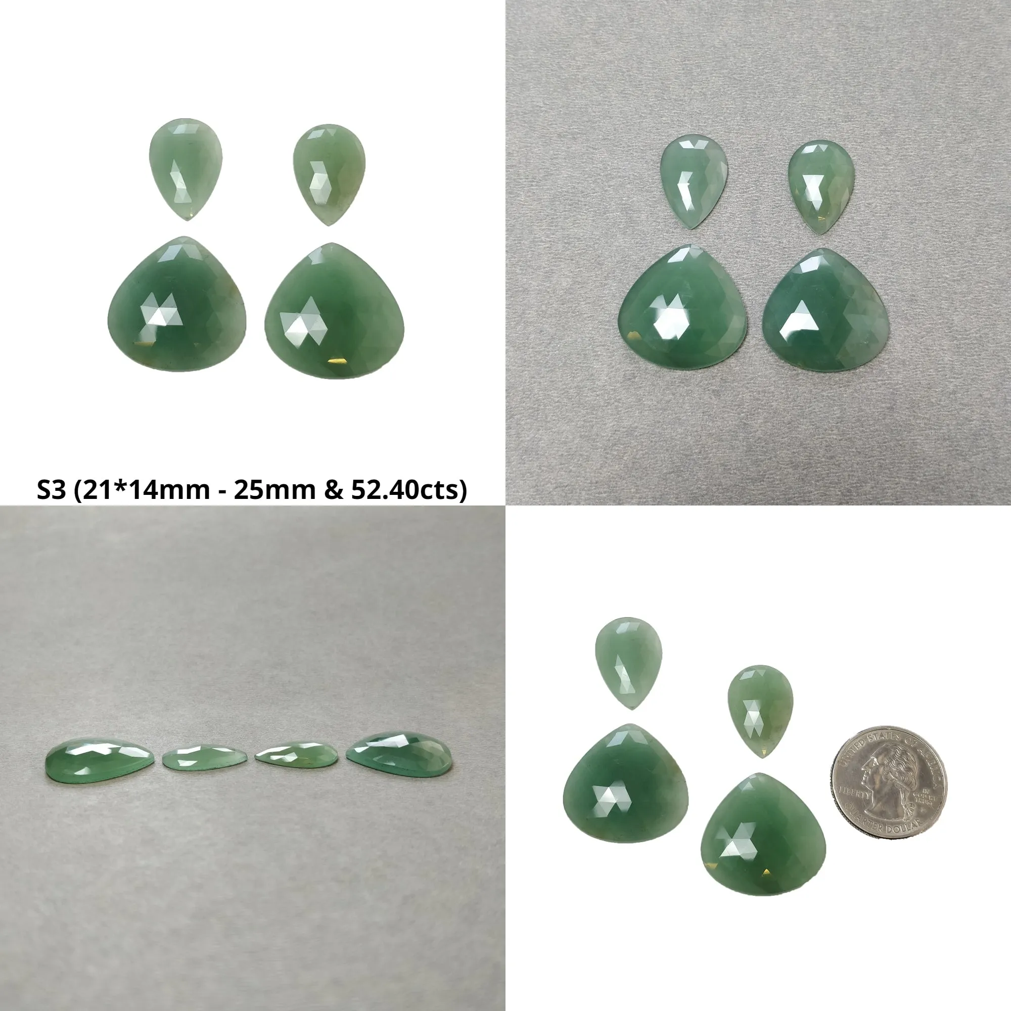 GREEN QUARTZITE Gemstone Rose Cut : Natural Untreated Unheated Quartzite Pear Shape 3pcs, 4pcs Sets