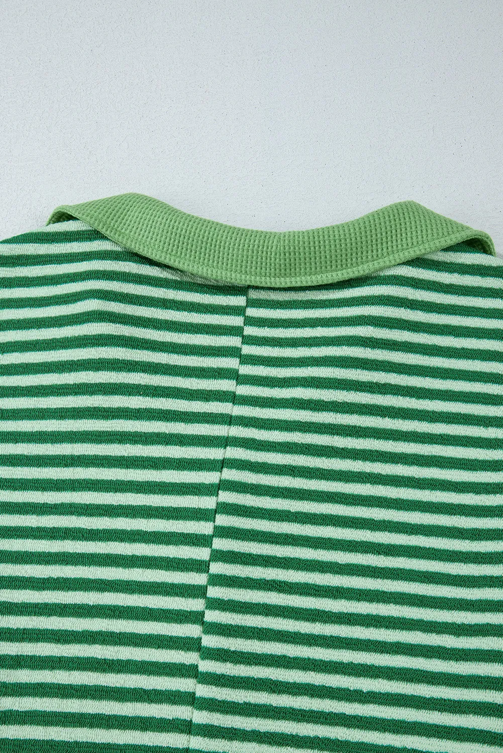 Green Stripe Turn-Down V Neck Patchwork Loose Top