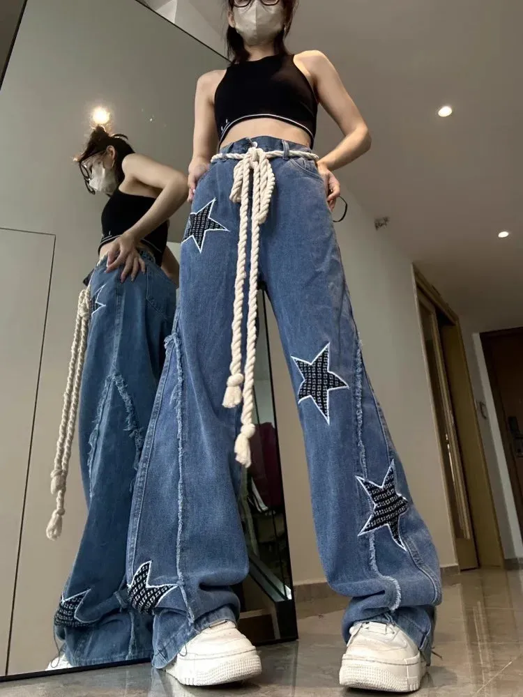 Grunge Hippie Star Baggy Distressed Patchwork Vintage Wide Leg Pants