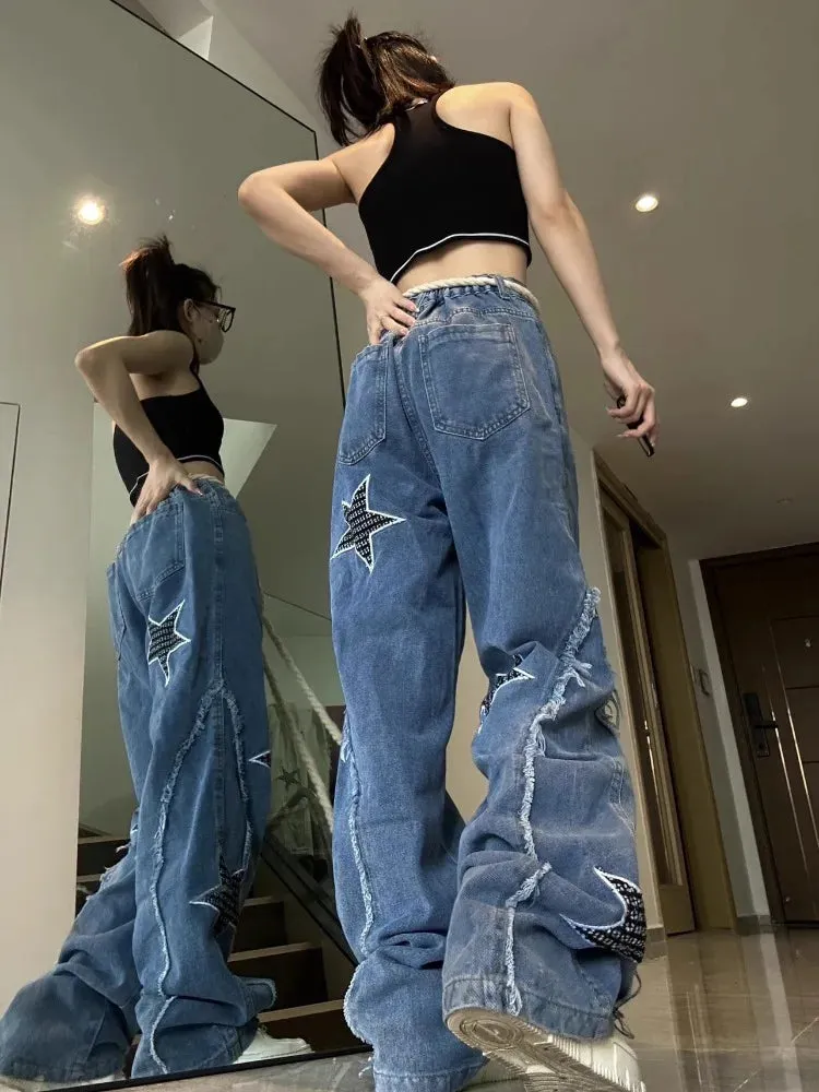 Grunge Hippie Star Baggy Distressed Patchwork Vintage Wide Leg Pants