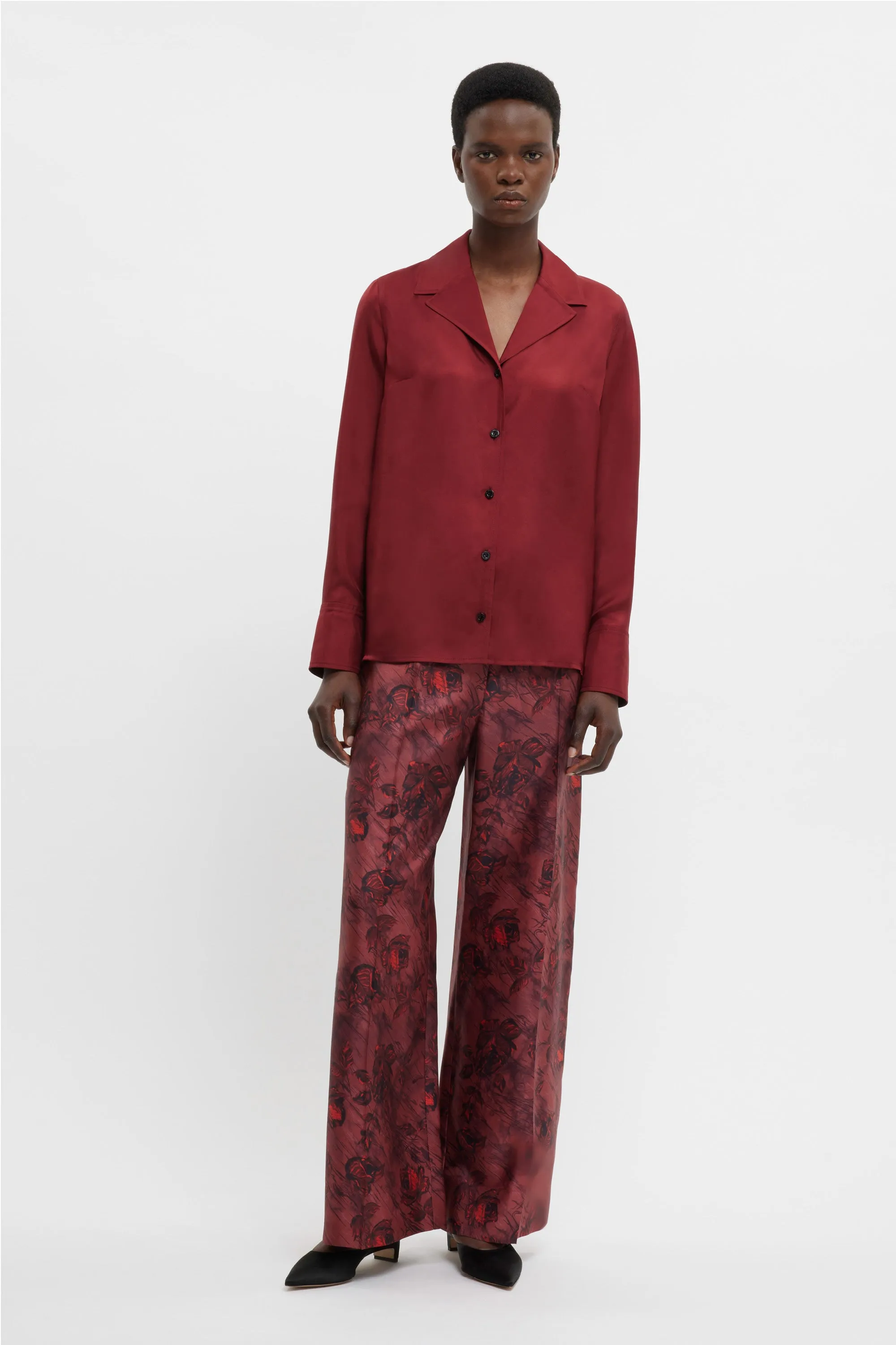 Heqet Trousers In Red Roses On Marble Print Silk Twill