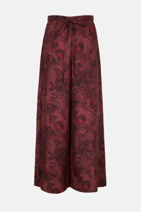 Heqet Trousers In Red Roses On Marble Print Silk Twill