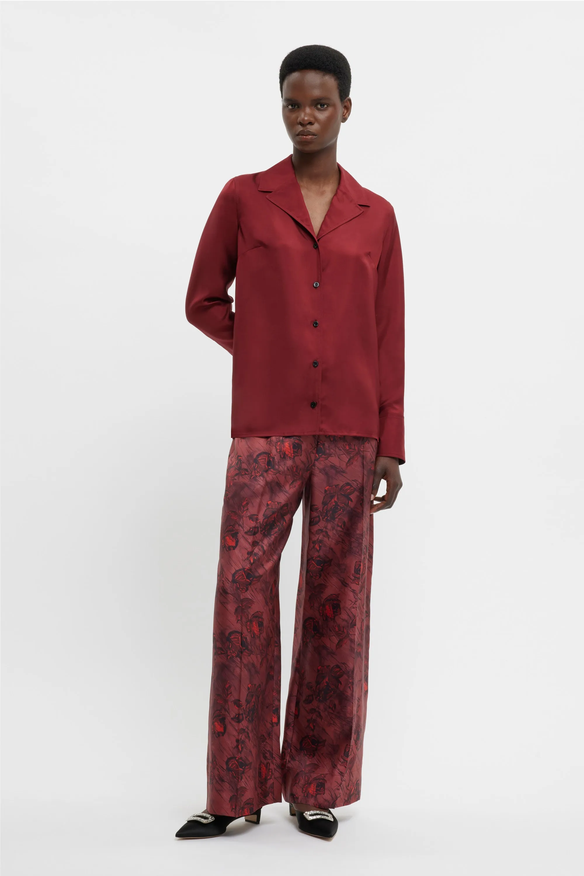 Heqet Trousers In Red Roses On Marble Print Silk Twill