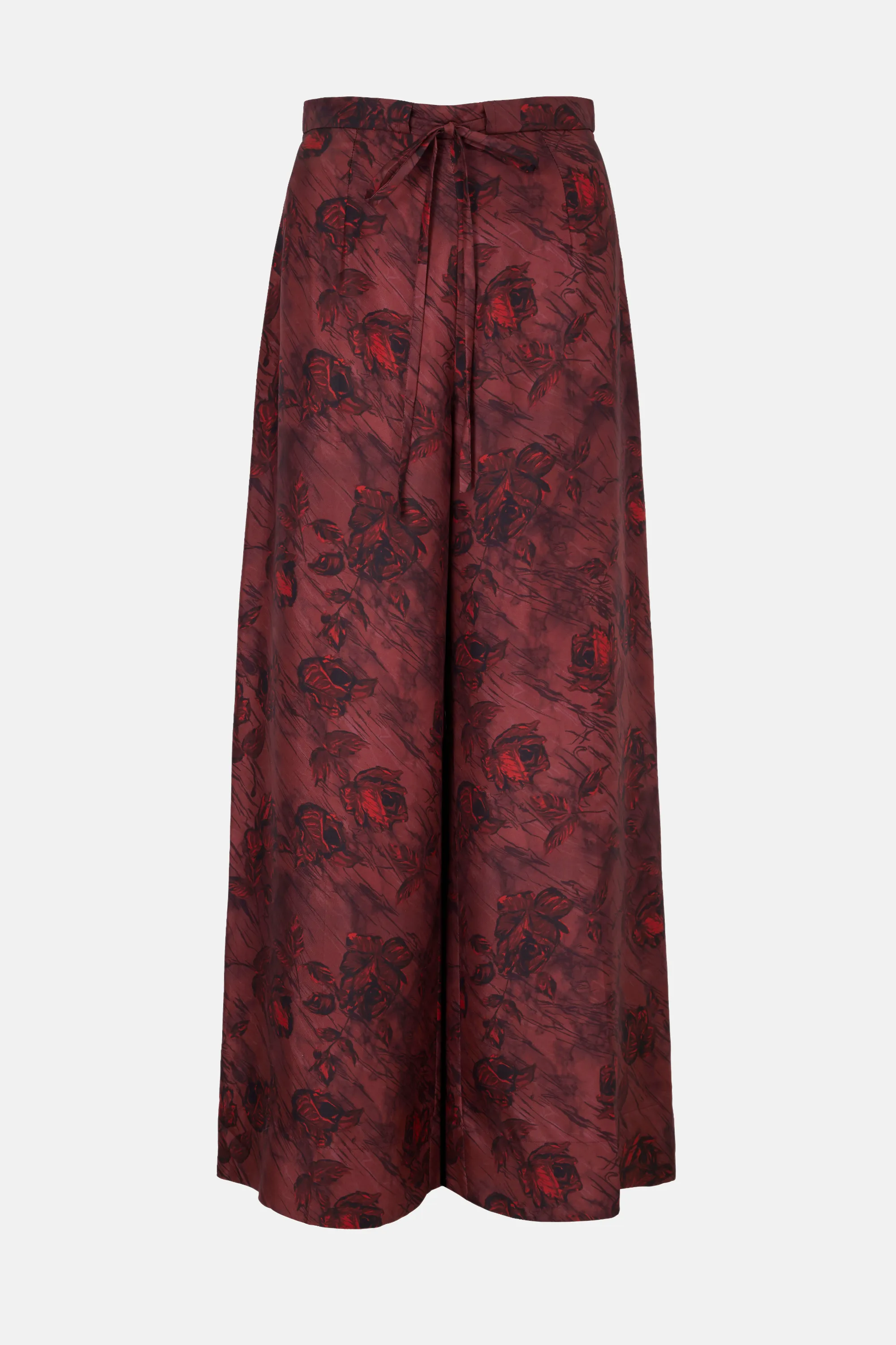 Heqet Trousers In Red Roses On Marble Print Silk Twill