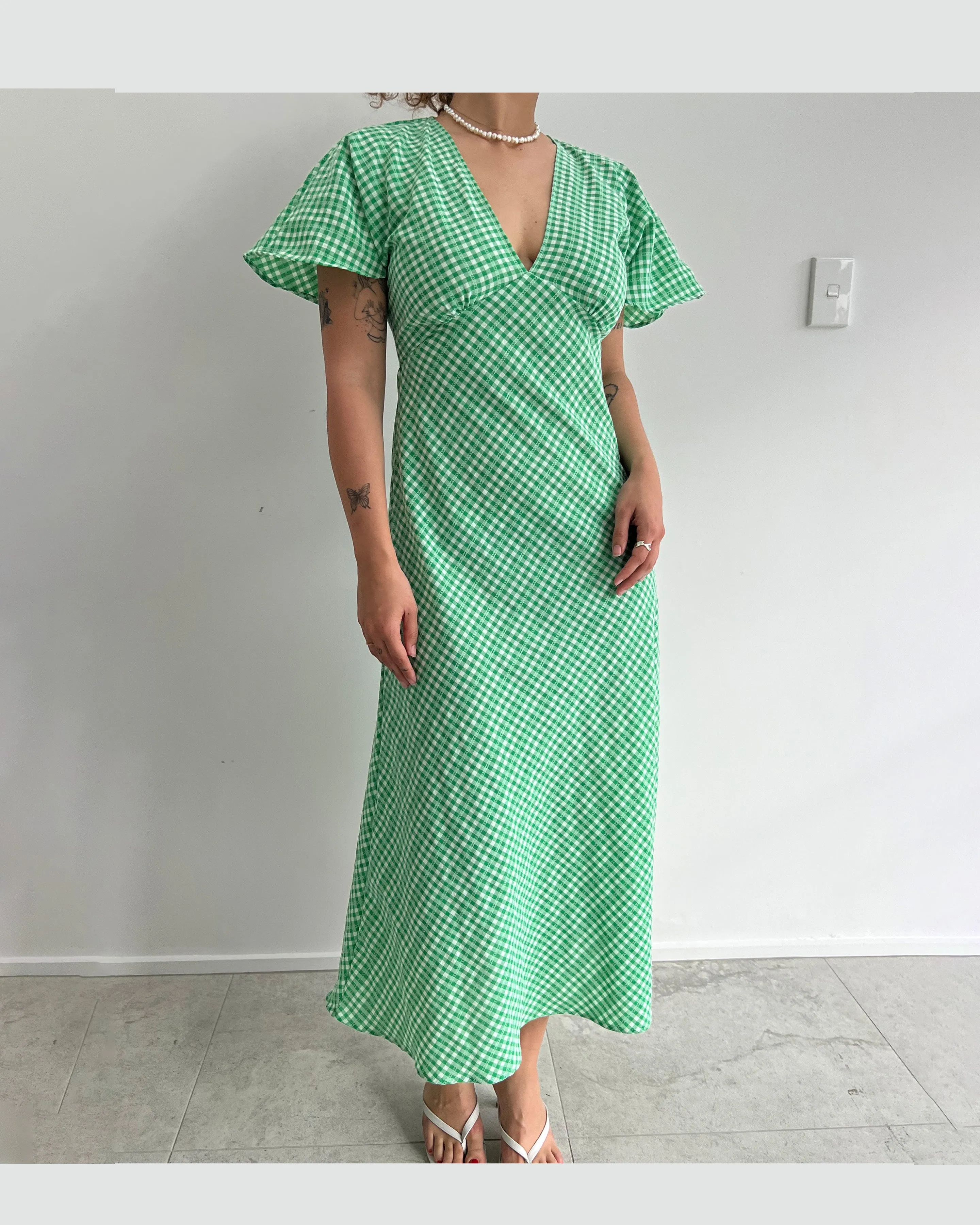 HONEY MIDI DRESS GREEN GINGHAM