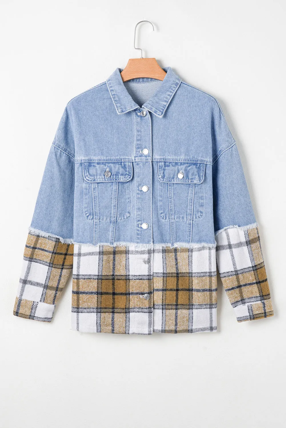 Khaki Plaid Patchwork Buttoned Oversized Denim Jacket