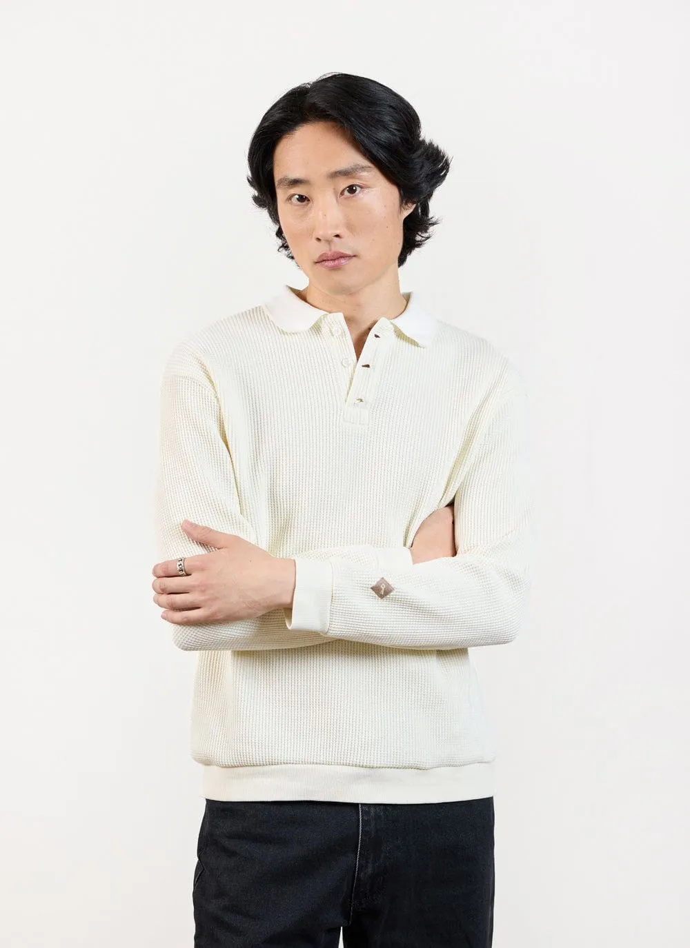 Long Sleeve Polo | Cotton Waffle | Ecru