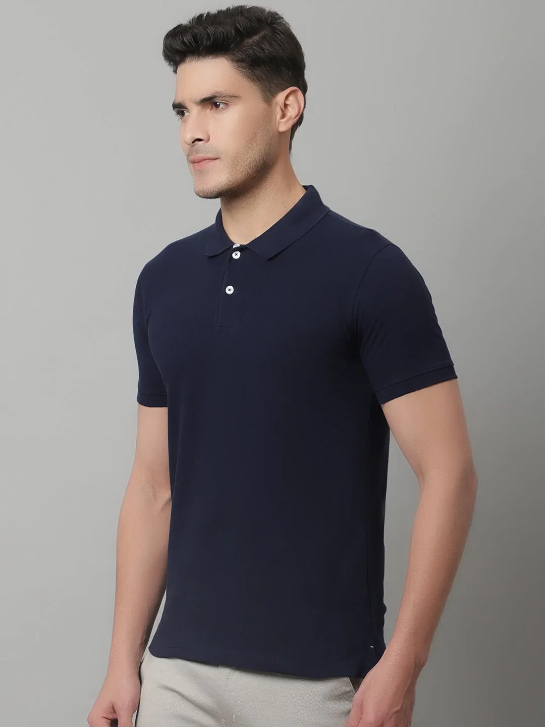 Men Navy Blue Casual Half Sleeves Polo Neck T-Shirt