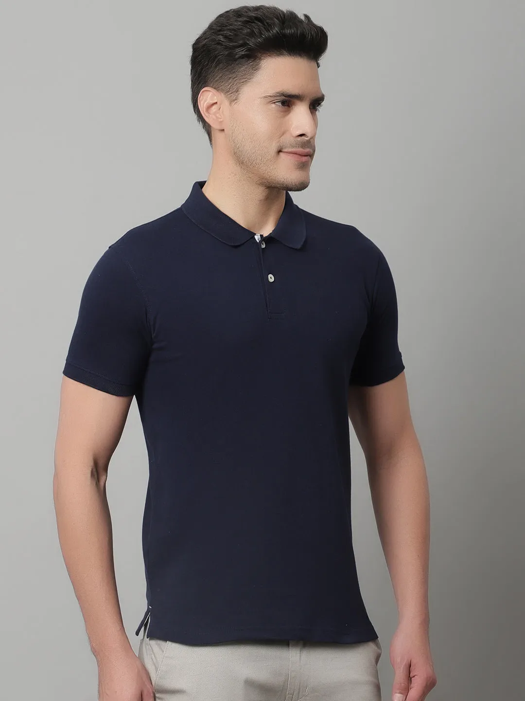 Men Navy Blue Casual Half Sleeves Polo Neck T-Shirt