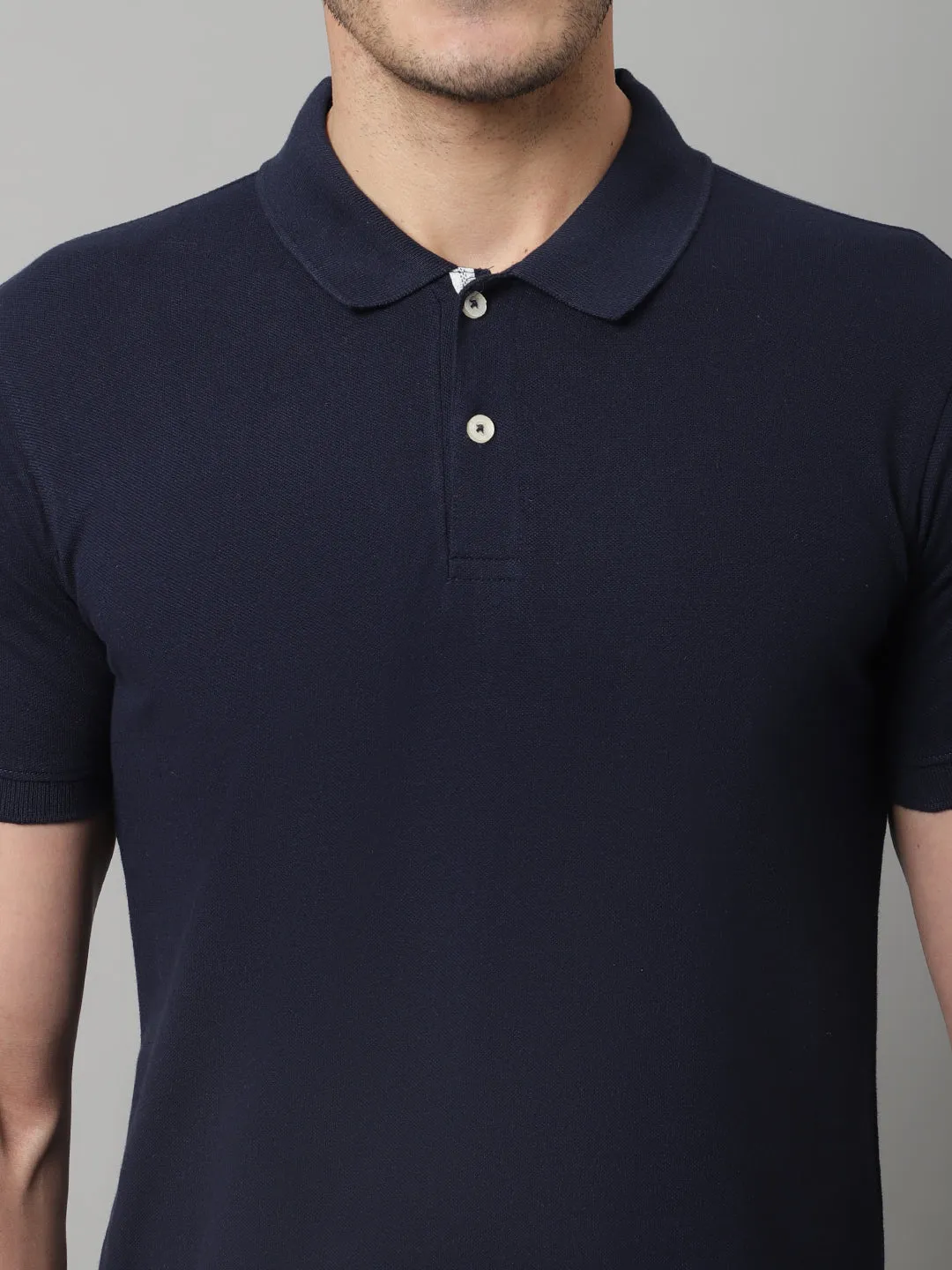 Men Navy Blue Casual Half Sleeves Polo Neck T-Shirt