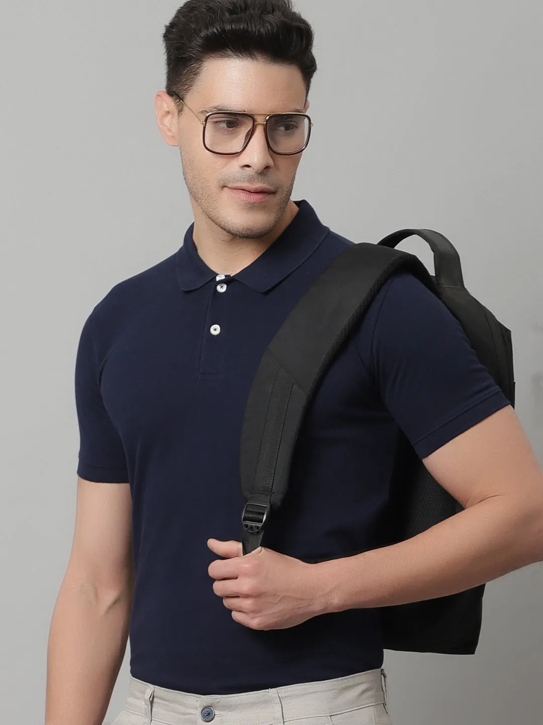 Men Navy Blue Casual Half Sleeves Polo Neck T-Shirt