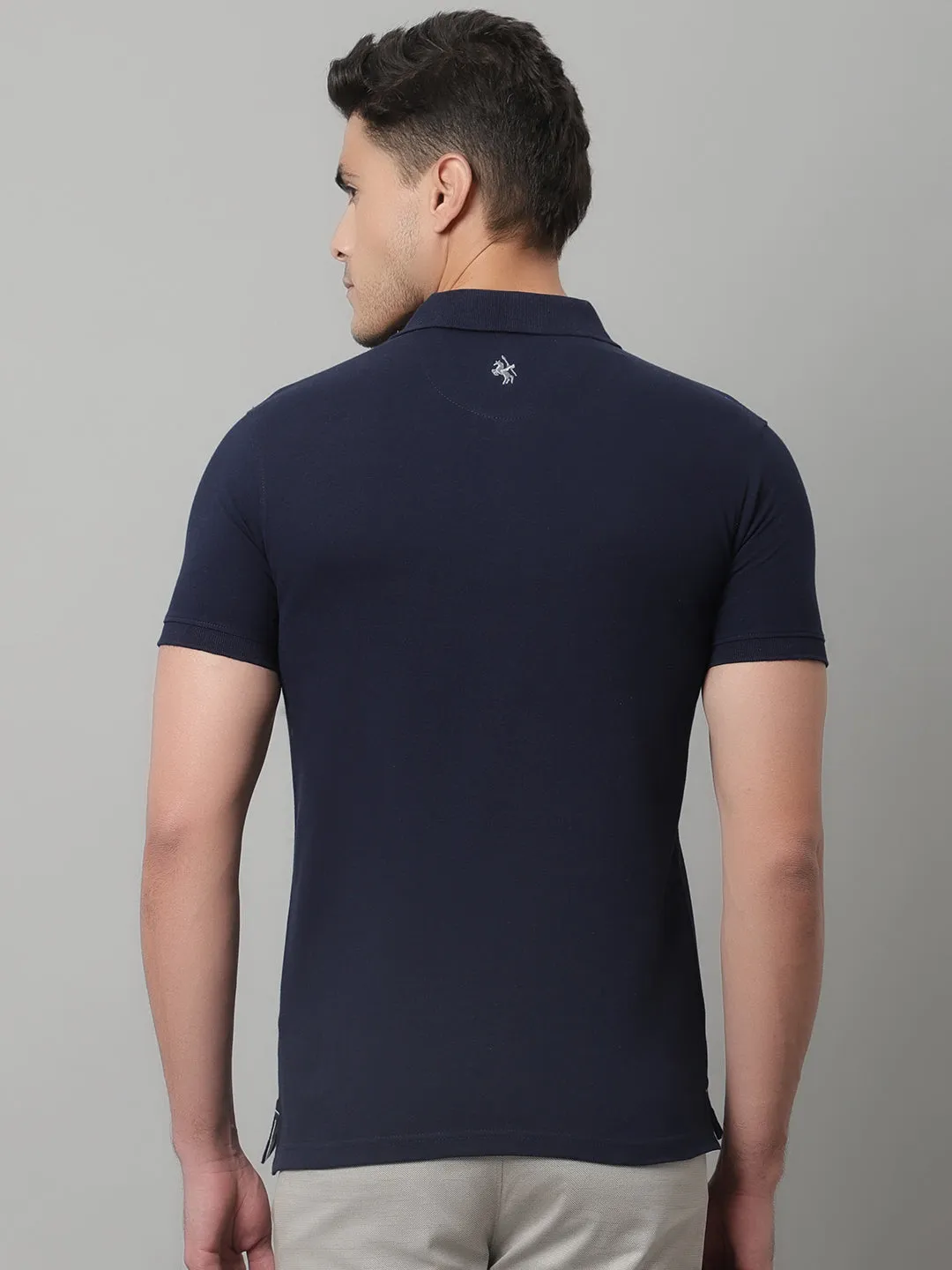 Men Navy Blue Casual Half Sleeves Polo Neck T-Shirt