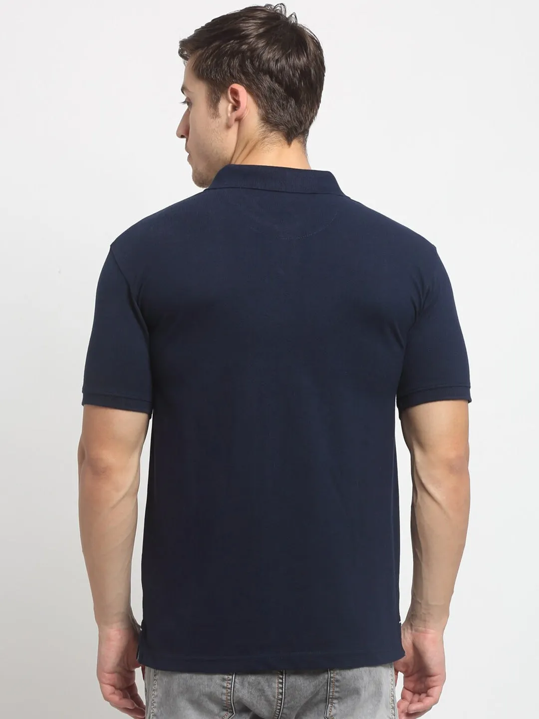 Men Navy Blue Casual Polo Neck T-Shirt