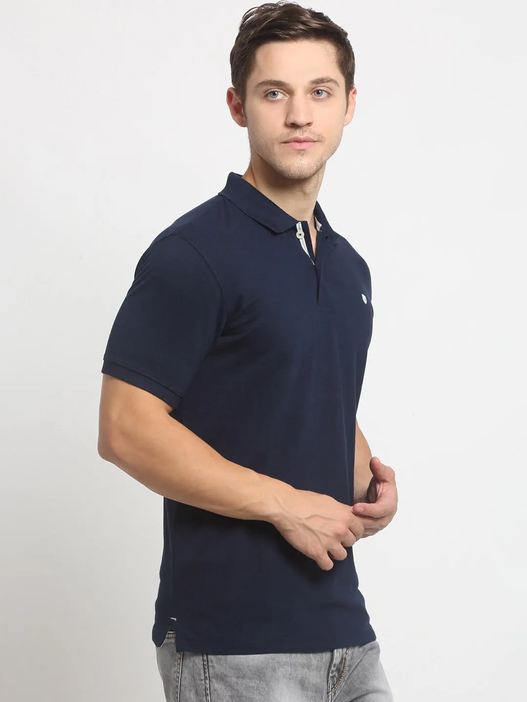 Men Navy Blue Casual Polo Neck T-Shirt