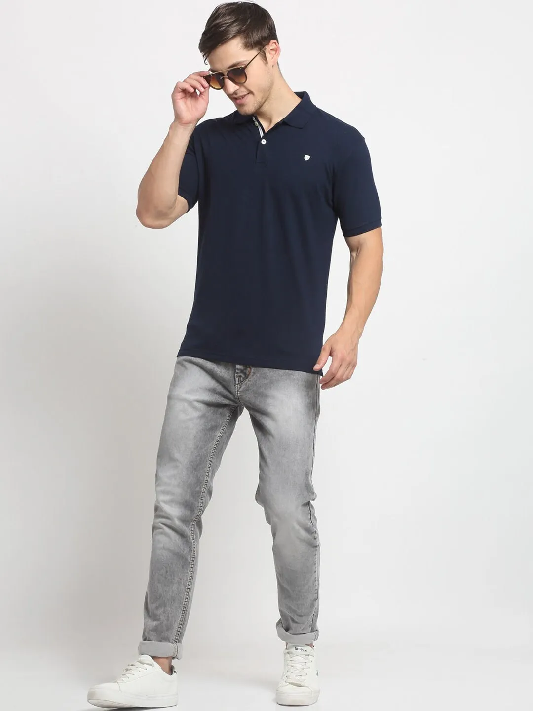 Men Navy Blue Casual Polo Neck T-Shirt