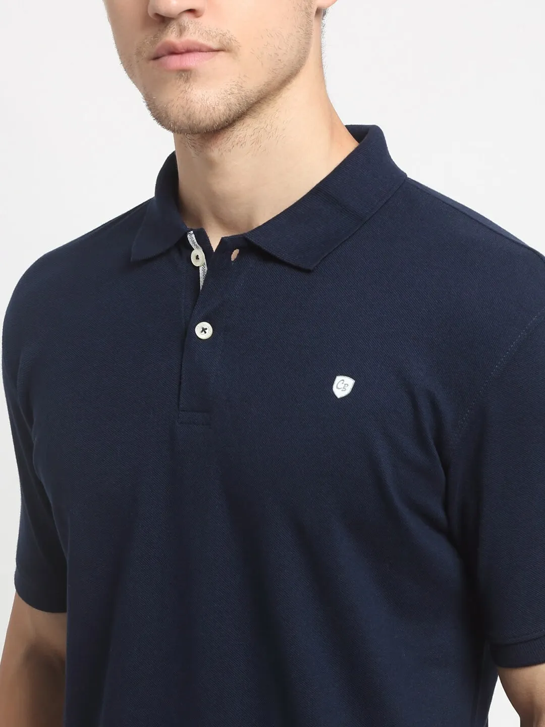 Men Navy Blue Casual Polo Neck T-Shirt