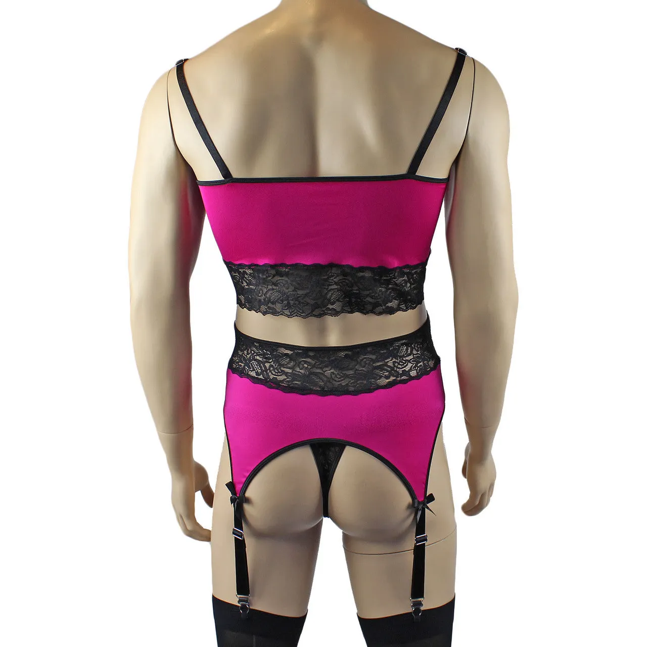 Mens Glamour Cami Top, Garterbelt, G string & Stockings - Sizes up to 3XL Raspberry and Black