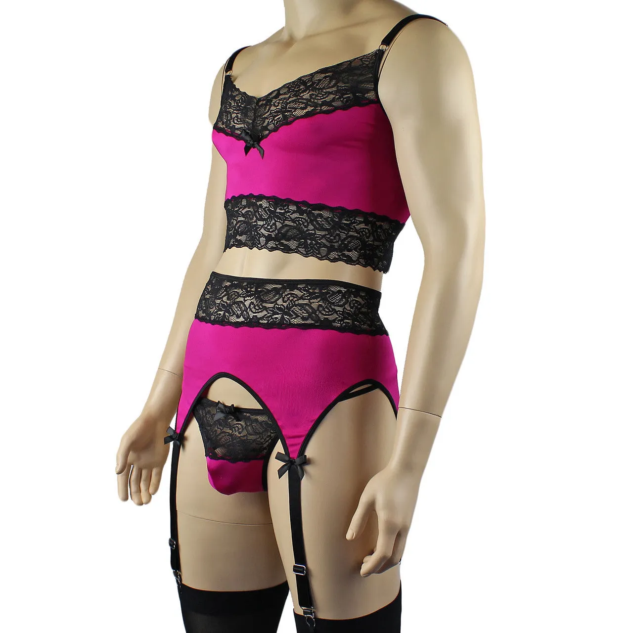 Mens Glamour Cami Top, Garterbelt, G string & Stockings - Sizes up to 3XL Raspberry and Black