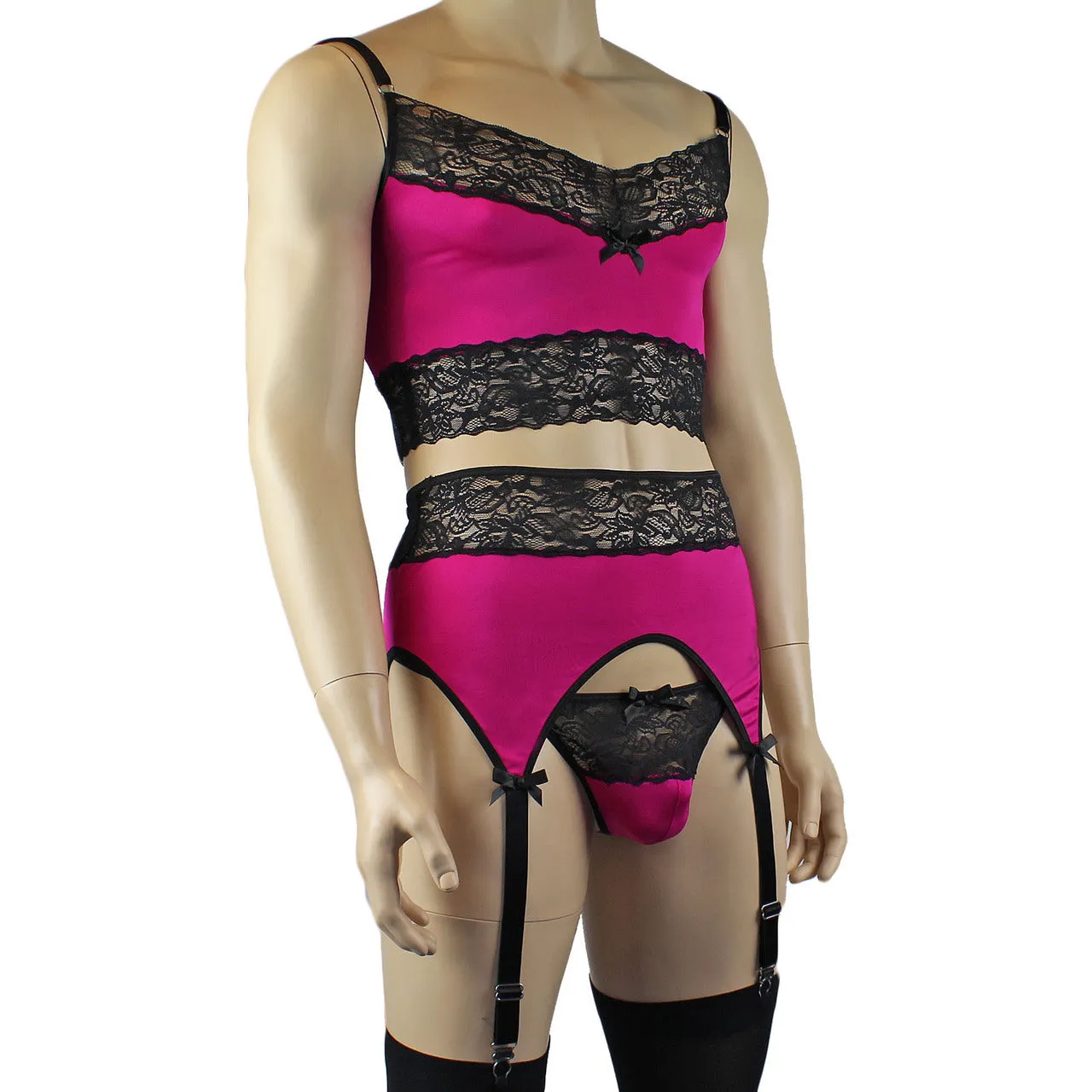 Mens Glamour Cami Top, Garterbelt, G string & Stockings - Sizes up to 3XL Raspberry and Black