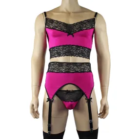 Mens Glamour Cami Top, Garterbelt, G string & Stockings - Sizes up to 3XL Raspberry and Black