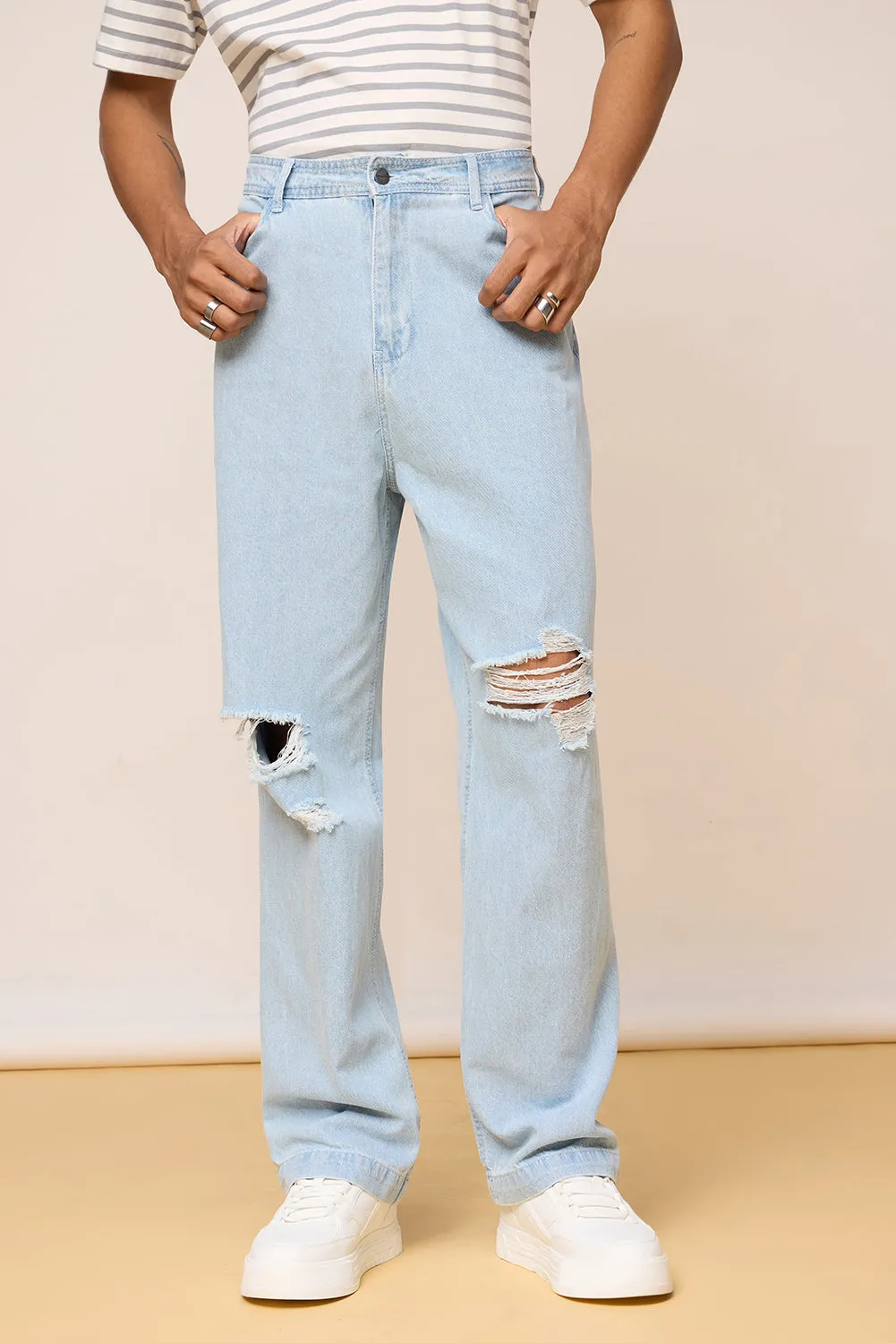 Men’s Light Blue Straight Fit Jeans with Knee Rips