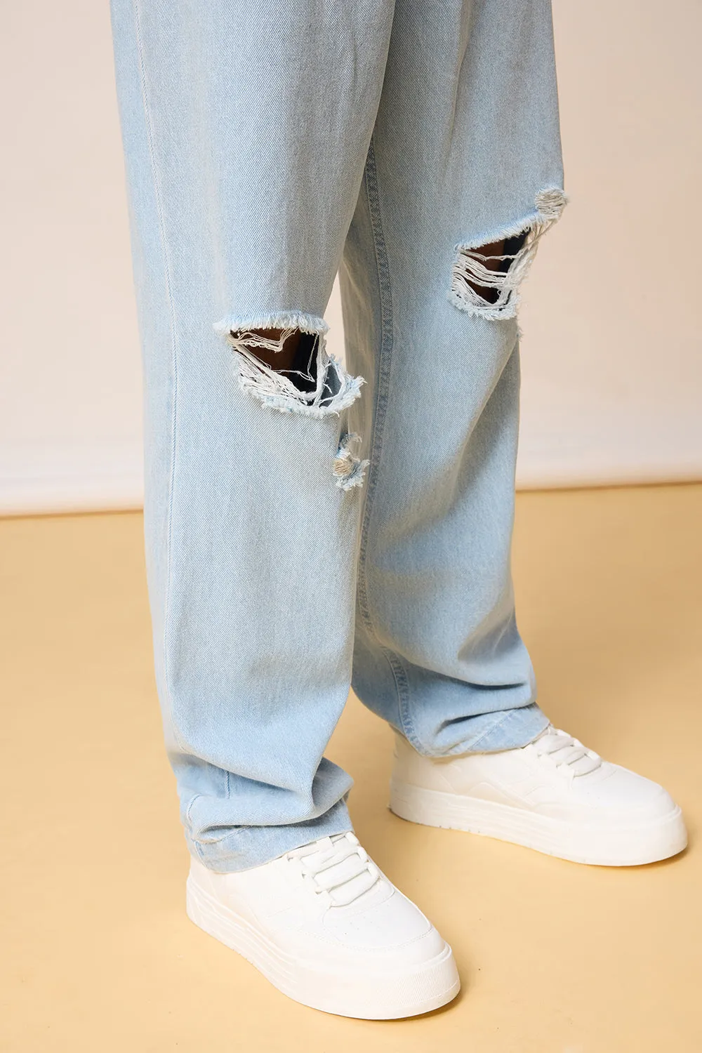 Men’s Light Blue Straight Fit Jeans with Knee Rips