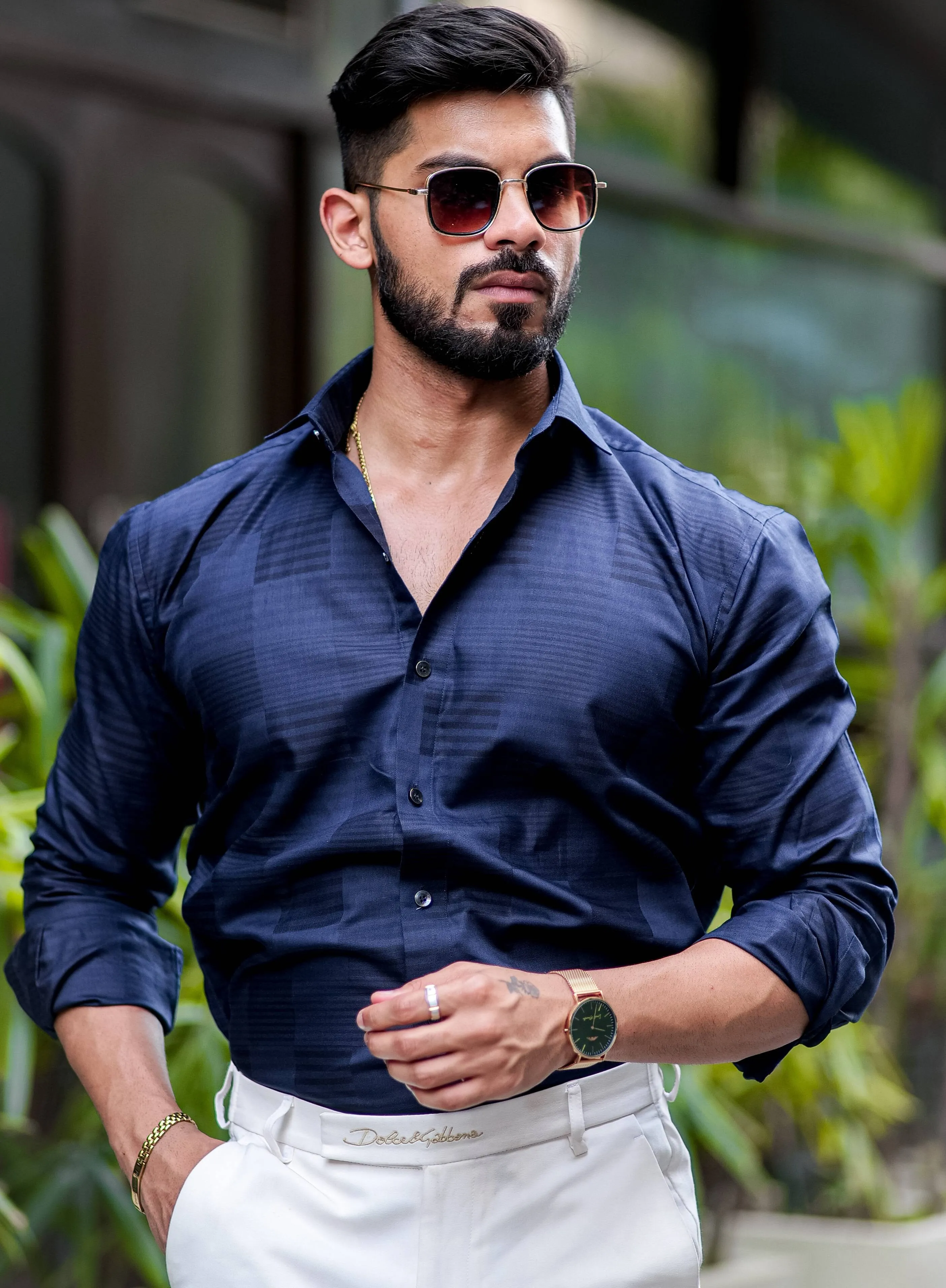 Navy Blue Texture Premium Cotton Shirt