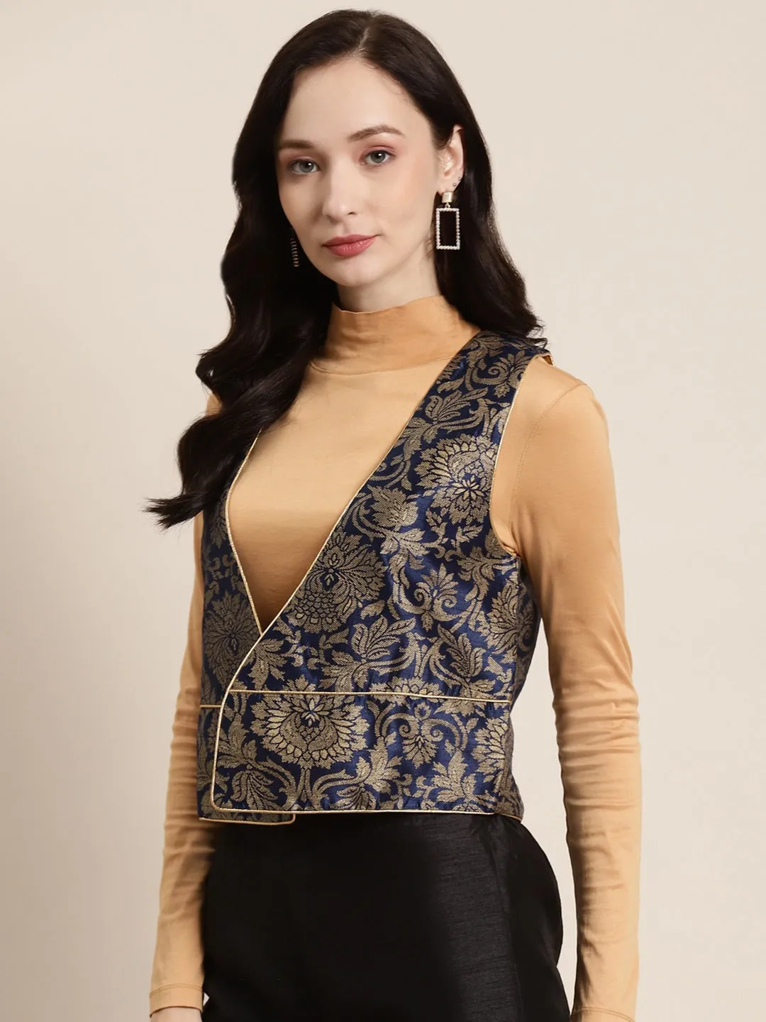 Navy Jacquard Floral Sleeveless Waist Coat