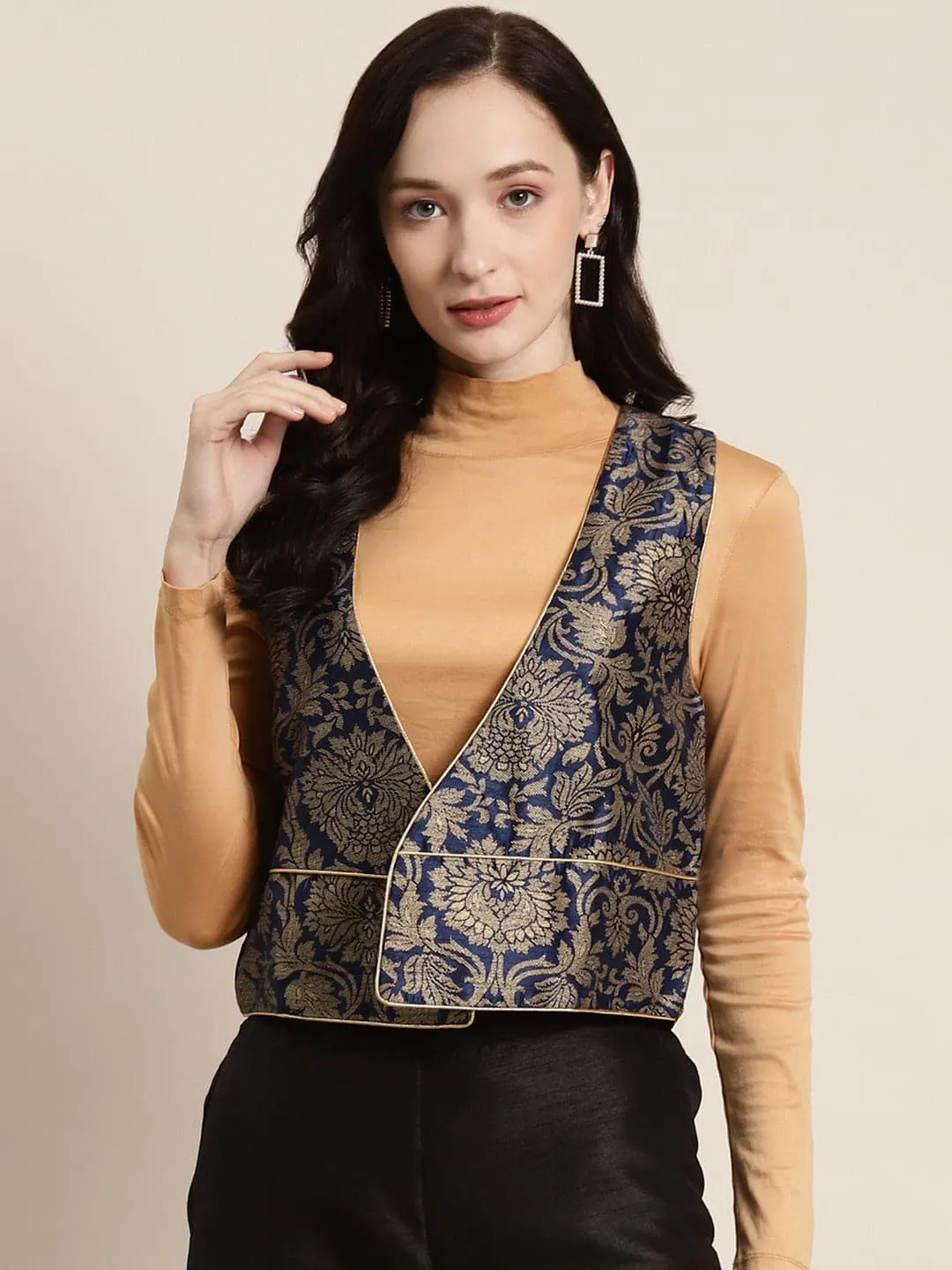 Navy Jacquard Floral Sleeveless Waist Coat