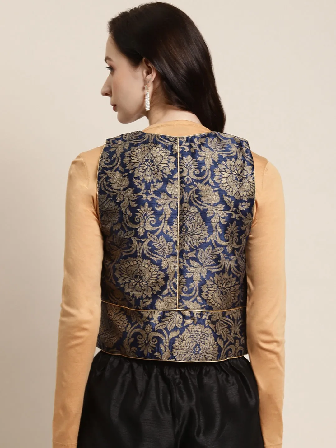 Navy Jacquard Floral Sleeveless Waist Coat