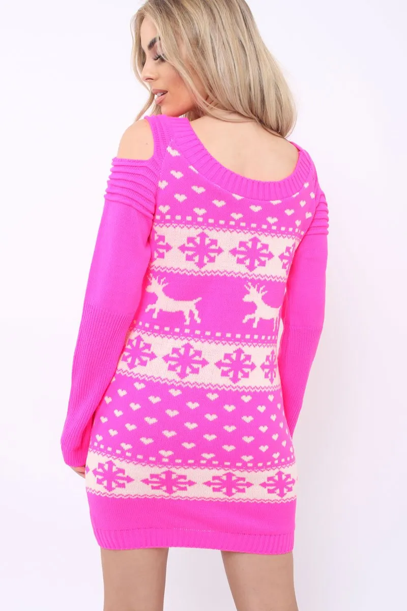 Pink Christmas Print Jumper Dress - Kleo