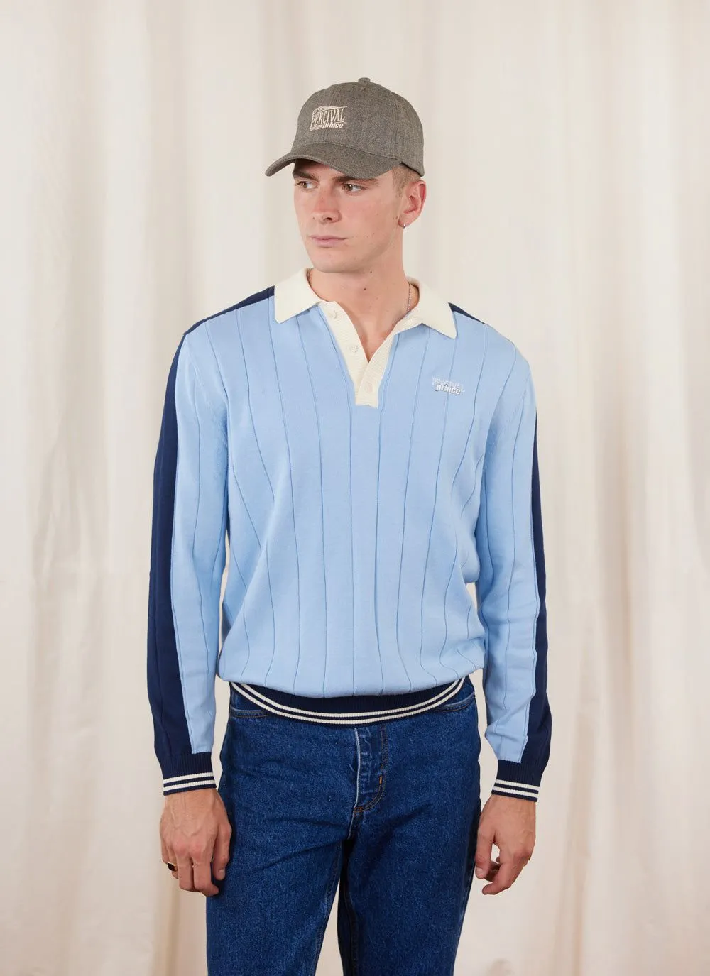 Point Long Sleeve Knit Polo | Prince x Percival | Sky