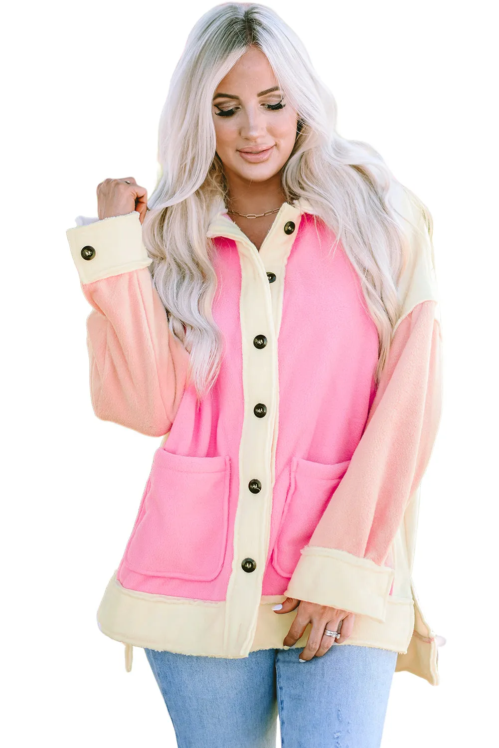 Rose Color Block Patchwork High Low Fleece Shacket