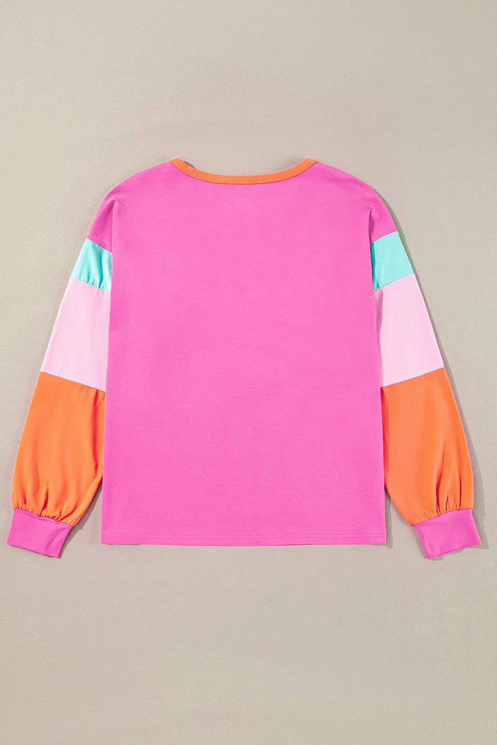 Rose Red Colorblock Patchwork Long Sleeve Loose Top