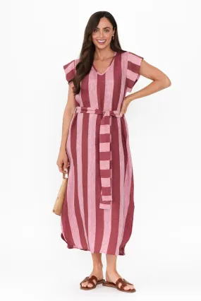 Sebou Burgundy Stripe Linen Tie Dress