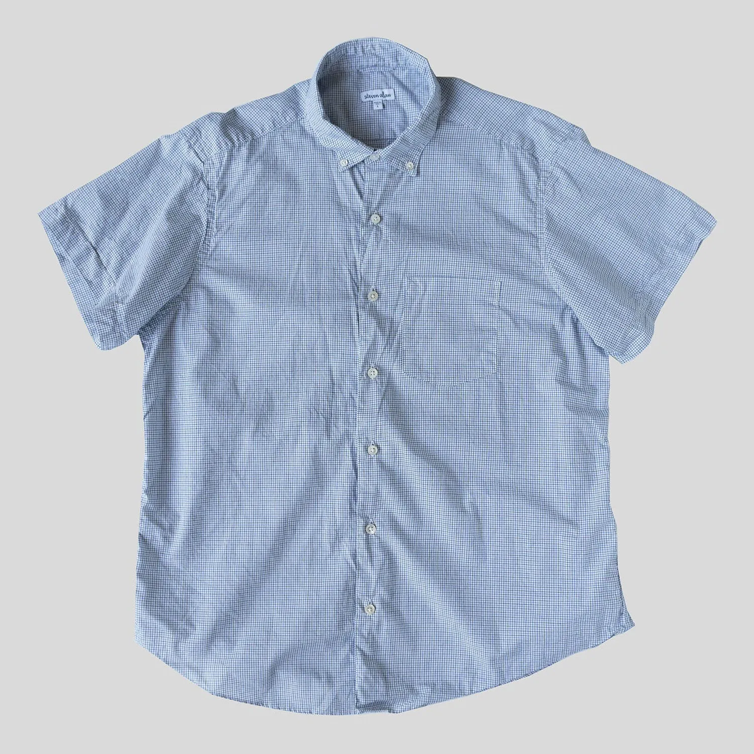 Short Sleeve Single Needle Shirt, Blue Gingham