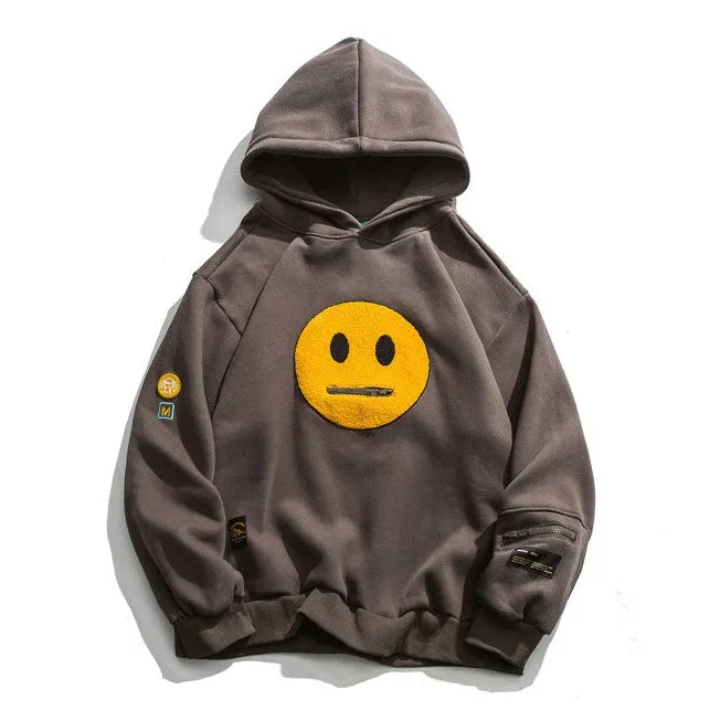 Smiley Patchwork Fleece Hoodies with Zipper Pocket