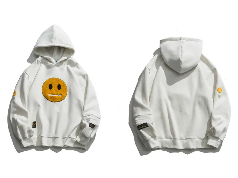 Smiley Patchwork Fleece Hoodies with Zipper Pocket