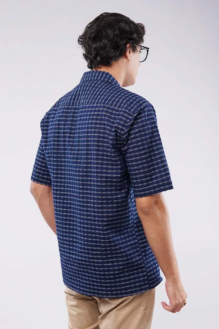 Striped Texture Cuban Shirt - Blue