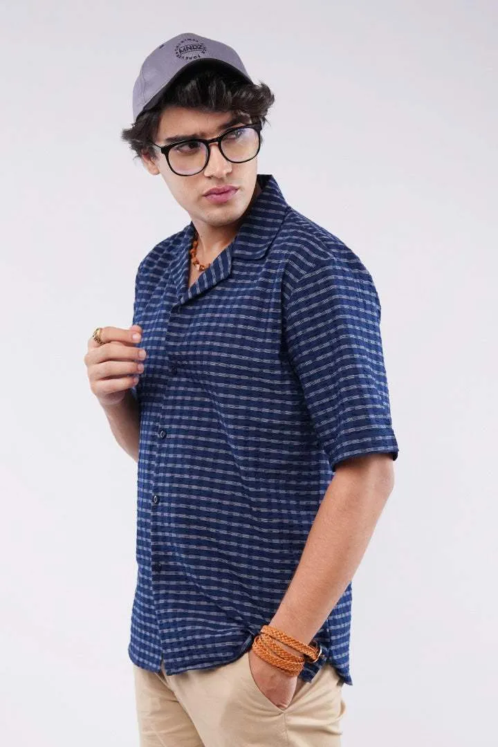 Striped Texture Cuban Shirt - Blue