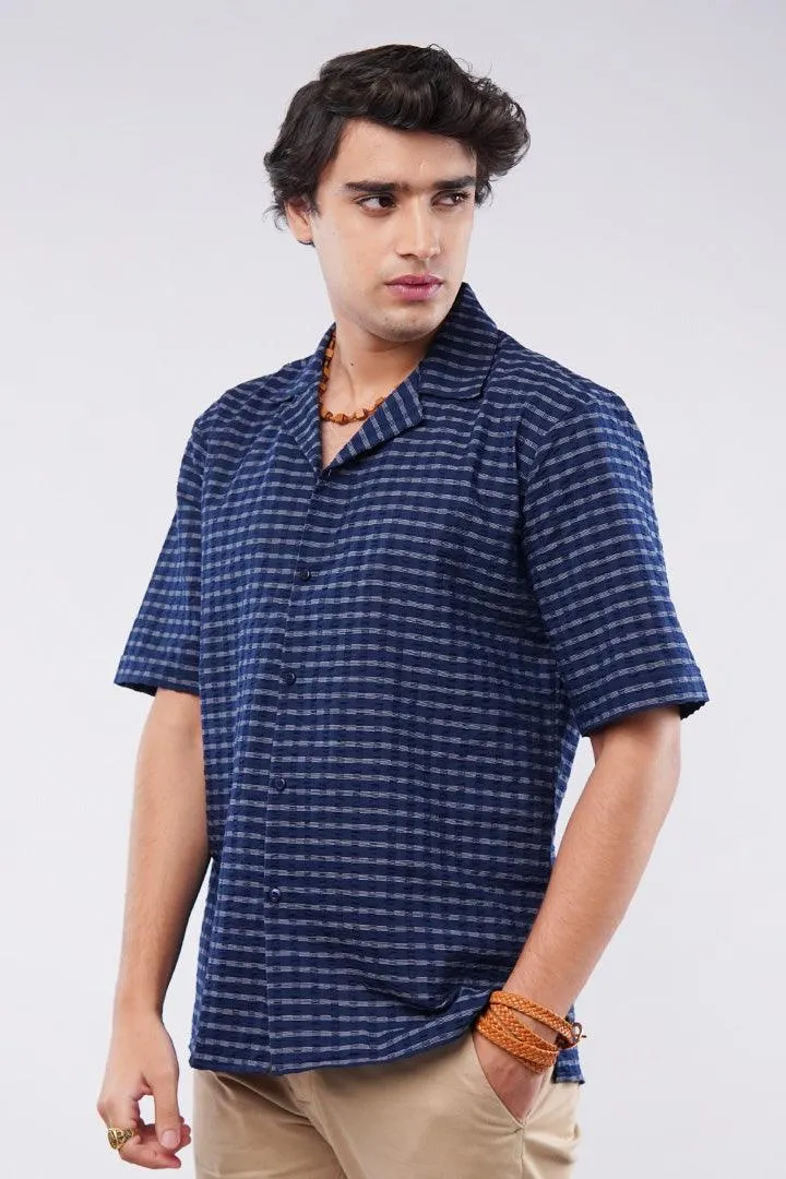 Striped Texture Cuban Shirt - Blue