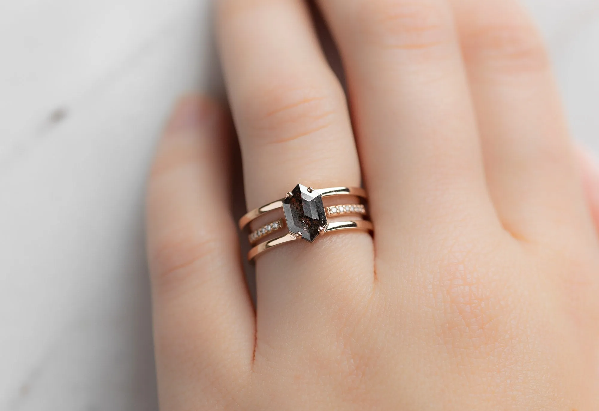 The Poppy Ring with a Black Hexagon Diamond