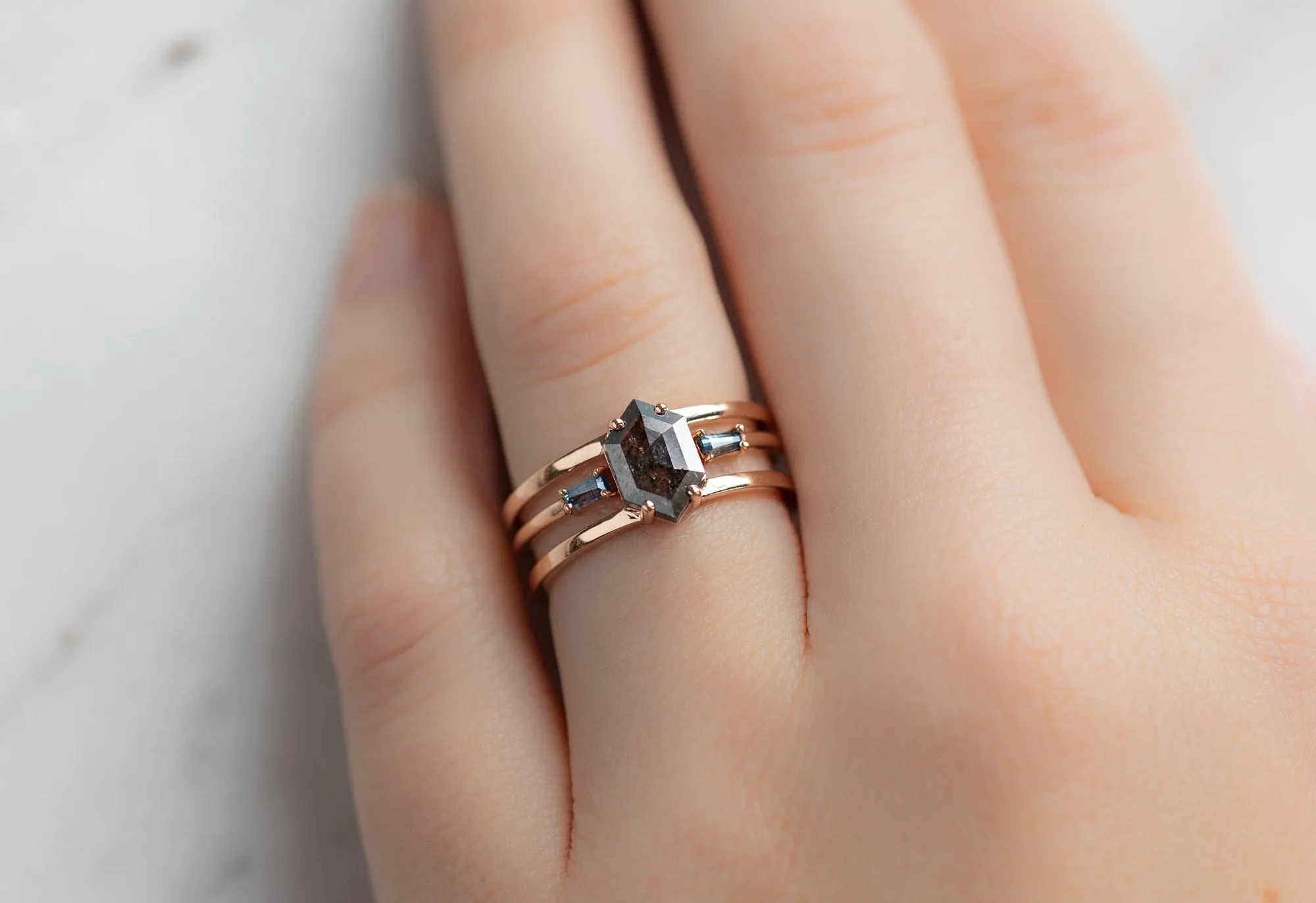 The Poppy Ring with a Black Hexagon Diamond