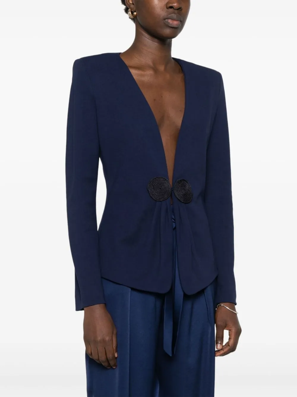 V-NECK JACKET IN STRETCH MILANO STITCH WITH CORD PATCH